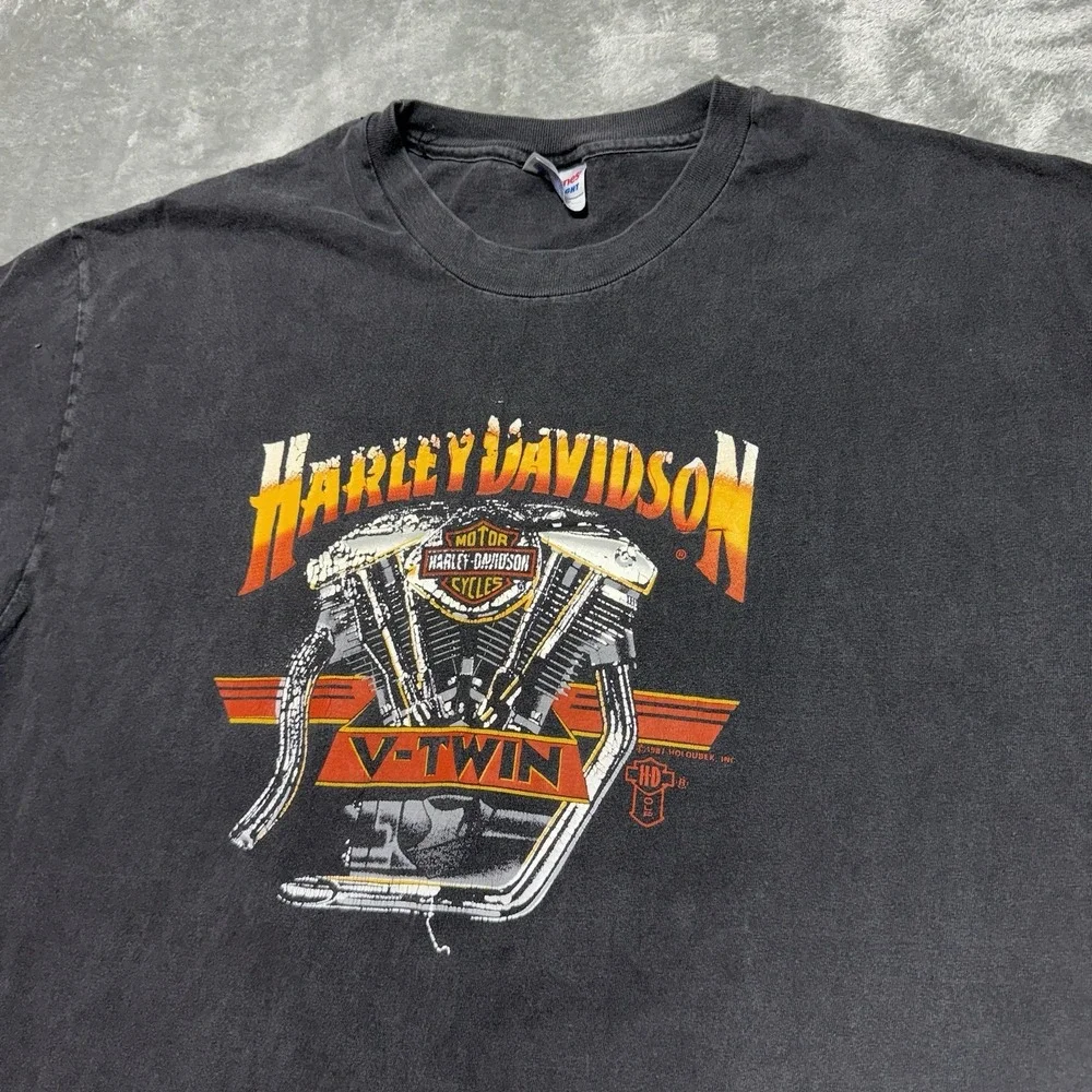 Vintage 80s 1987 Harley Davidson V-Twin Shirt Holoubek Hanes XL Fade